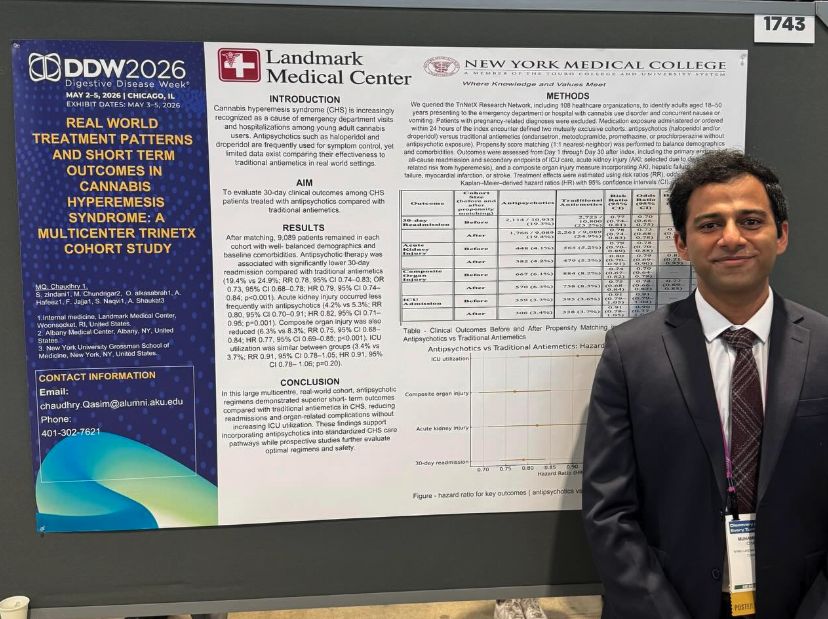 Qasim Chaudhry presenting his poster on cannabis hyperemesis syndrome at DDW 2026