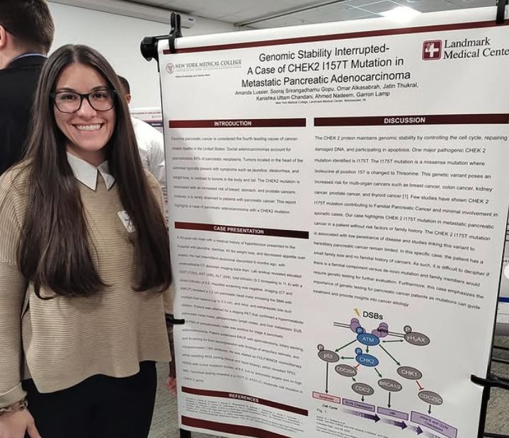Amanda Lussier presenting her case report poster on a CHEK2 I157T mutation in metastatic pancreatic adenocarcinoma at RIACP 2025