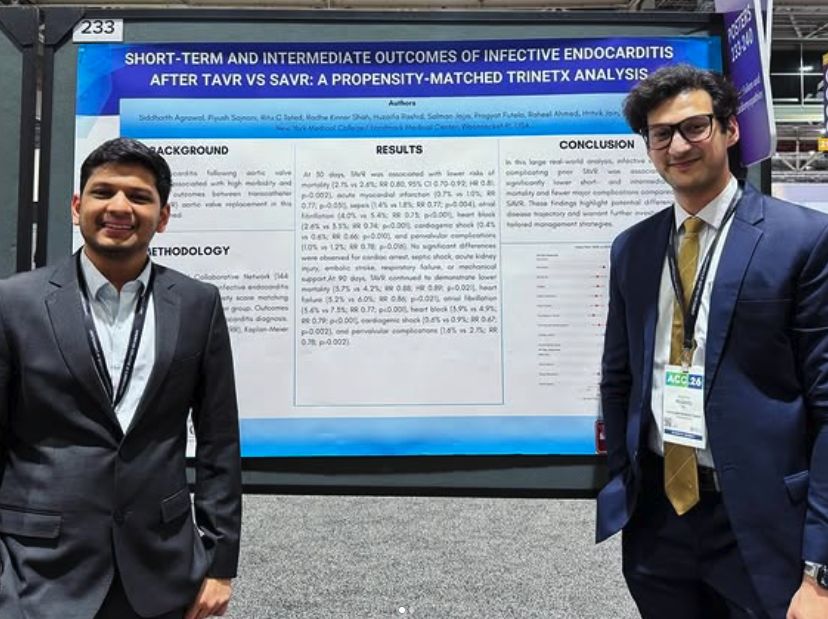 Huzaifa Rashid presenting his poster on infective endocarditis after TAVR versus SAVR at ACC 2026