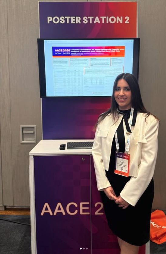 Lana Tannous presenting her poster on tirzepatide versus semaglutide in MASH at AACE 2026